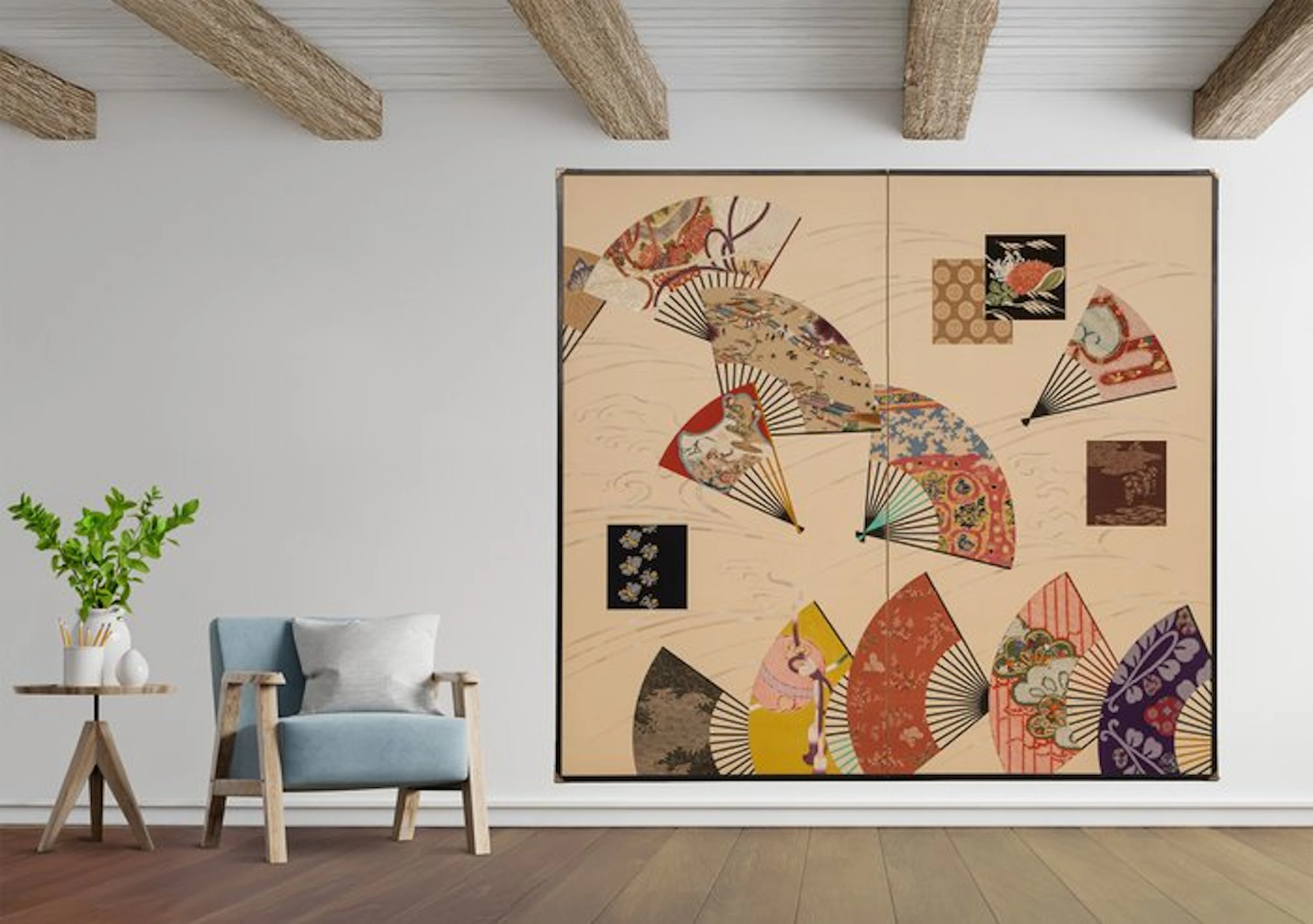 Folding screen with Japanese embroidery - Wood