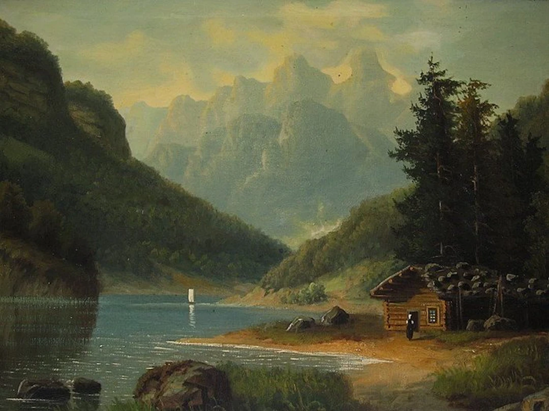 Carl Lindner (1840-1883) - Gebirgslandschaft mit Hütte am See