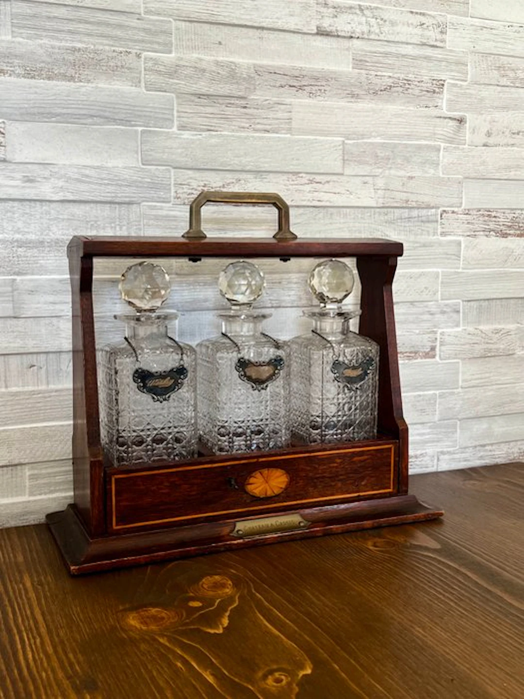 Edwardian Wooden Tantalus Set with 3 Cut Crystal...