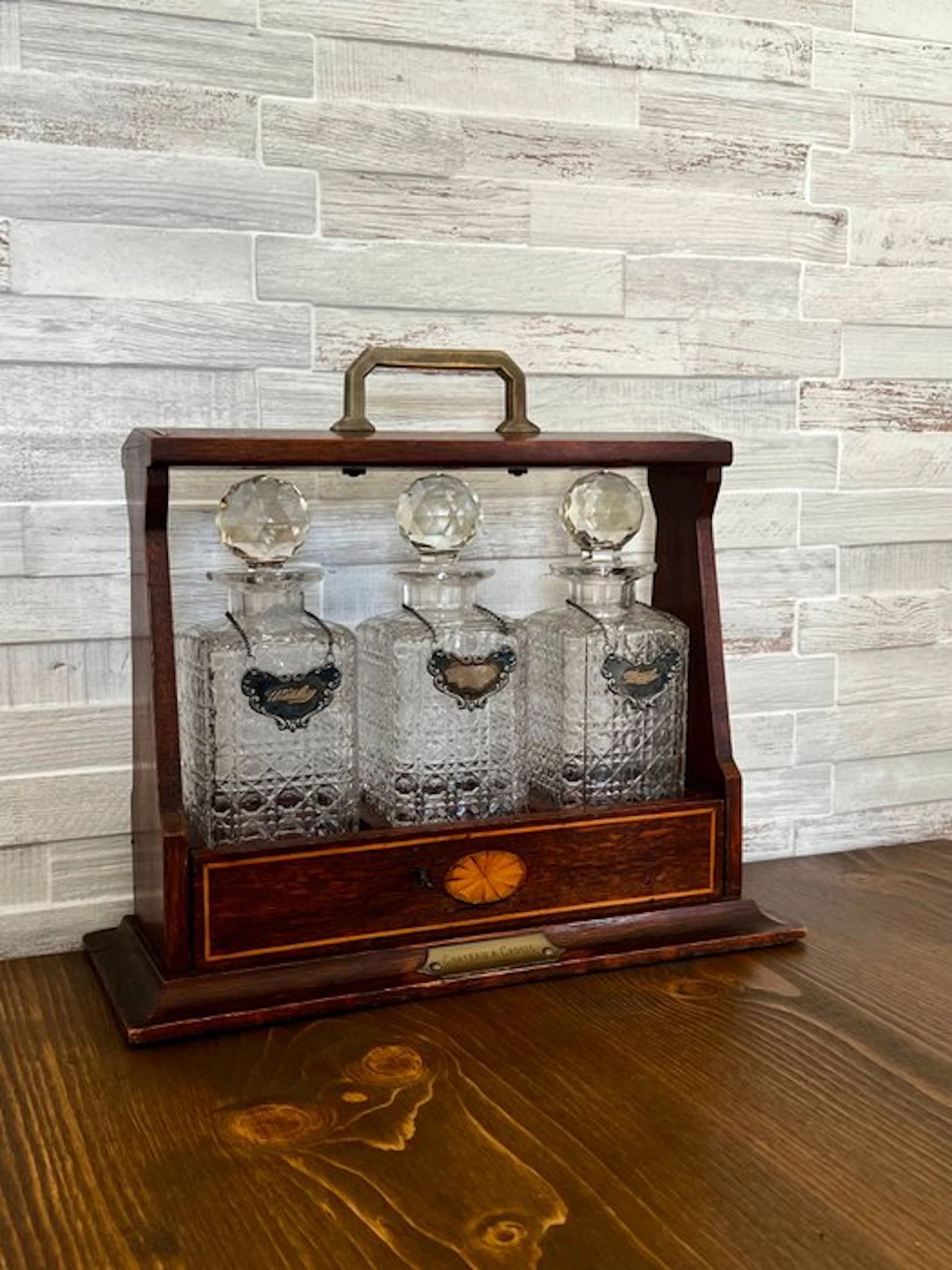 Edwardian Wooden Tantalus Set with 3 Cut Crystal...