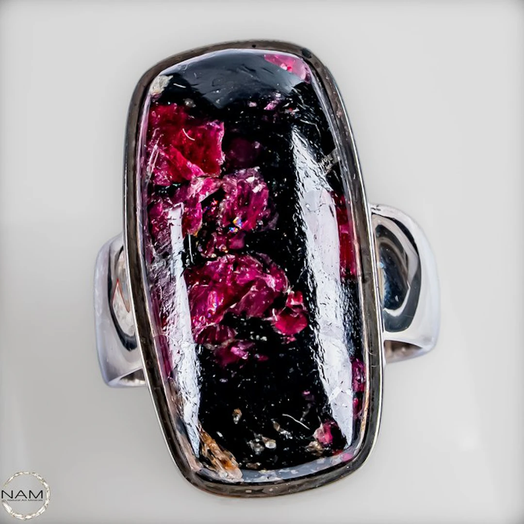 Rhodonite–tourmaline ring in 925 sterling silver –...