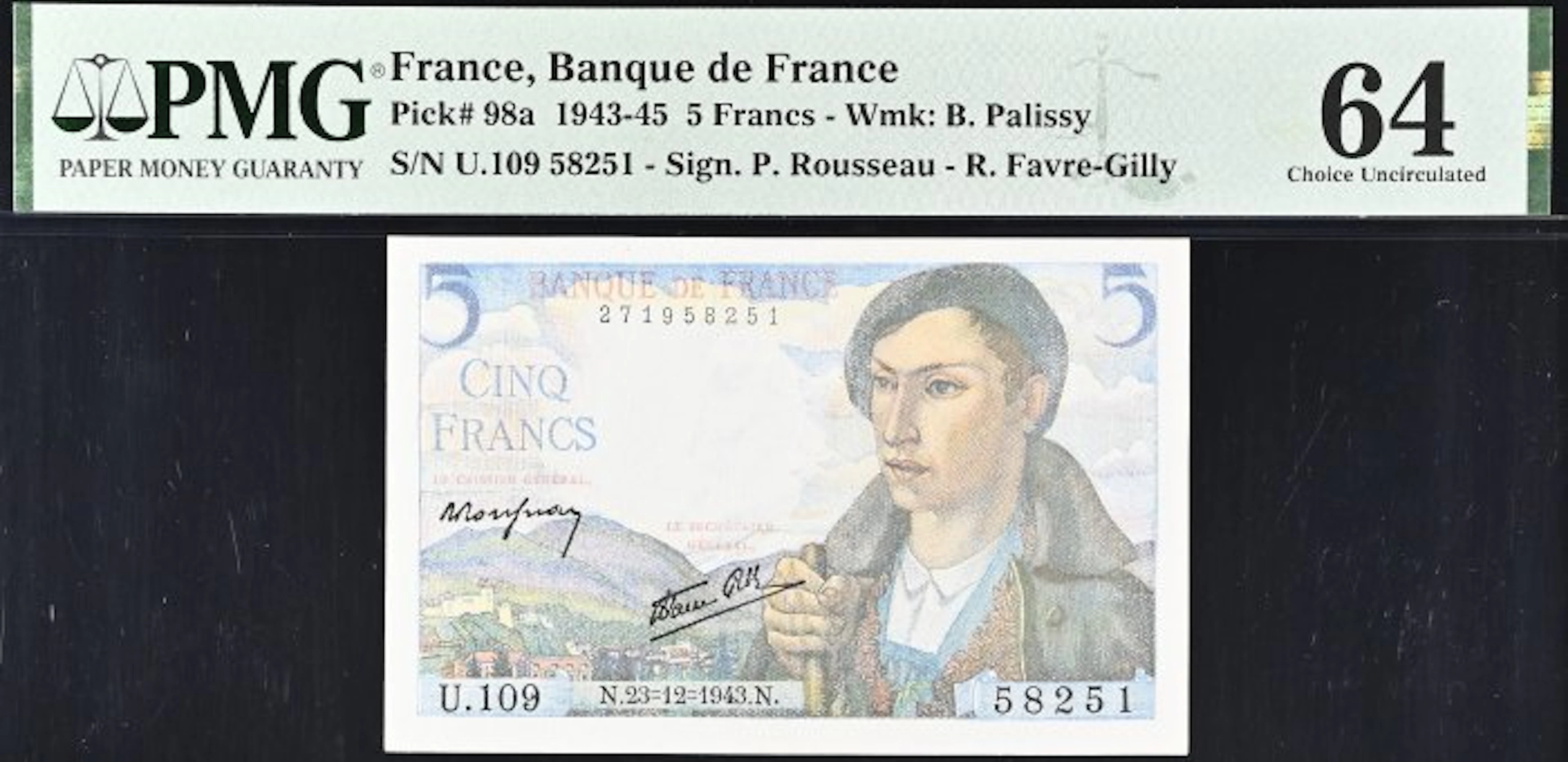 France. - 5 Francs - 1943 - PMG 64 - Pick 98a (No reserve price)