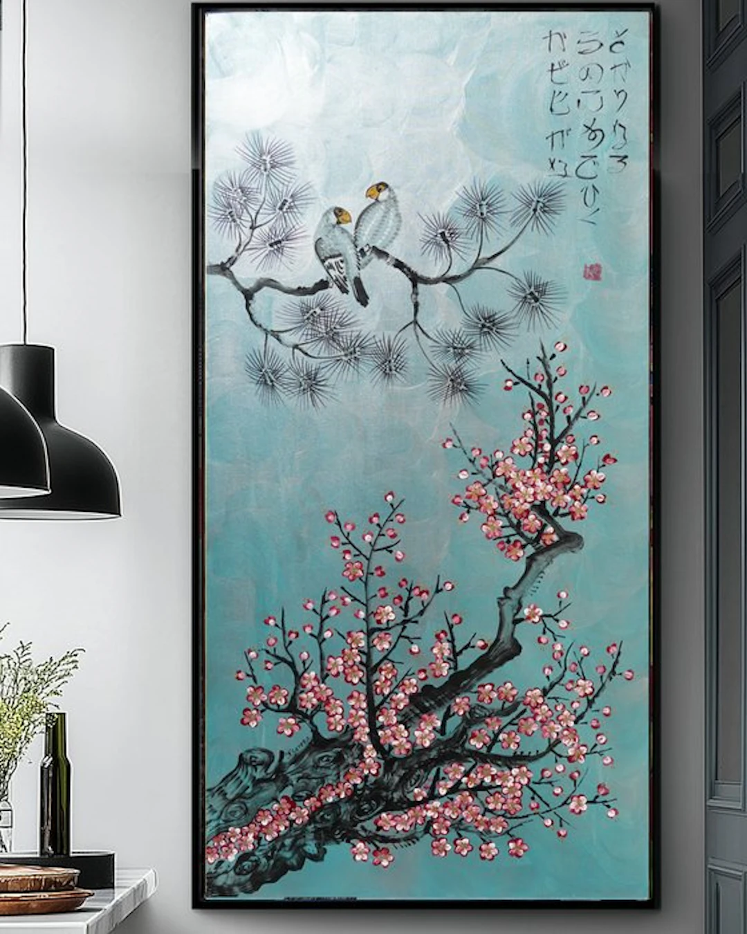 Ksavera - Japanese love birds J531 - Silver red painting on XXL canvas 210cm