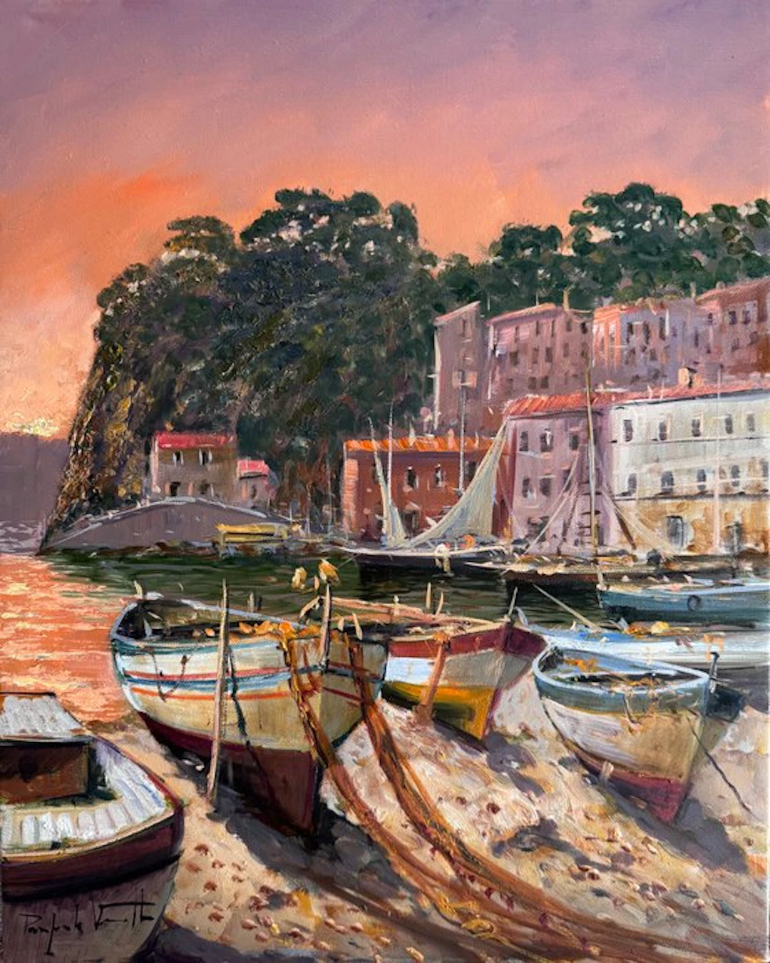 Pasquale Vuotto (1958) - Barche a riposo tramonto a Sorrento
