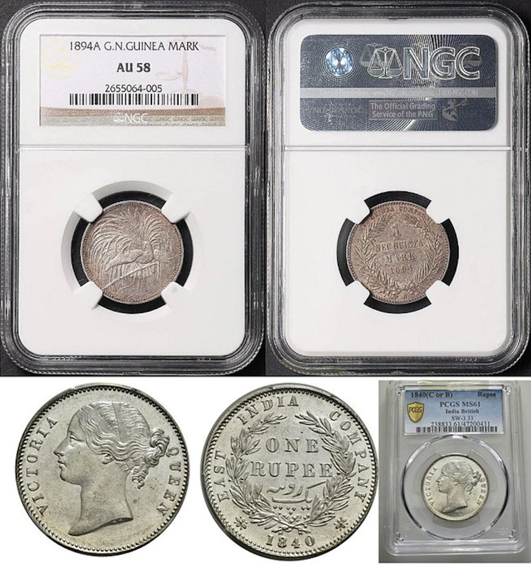 New Guinea and Australia. one Guinea Mark 1894 and one Rupee 1840 1894 - 1840