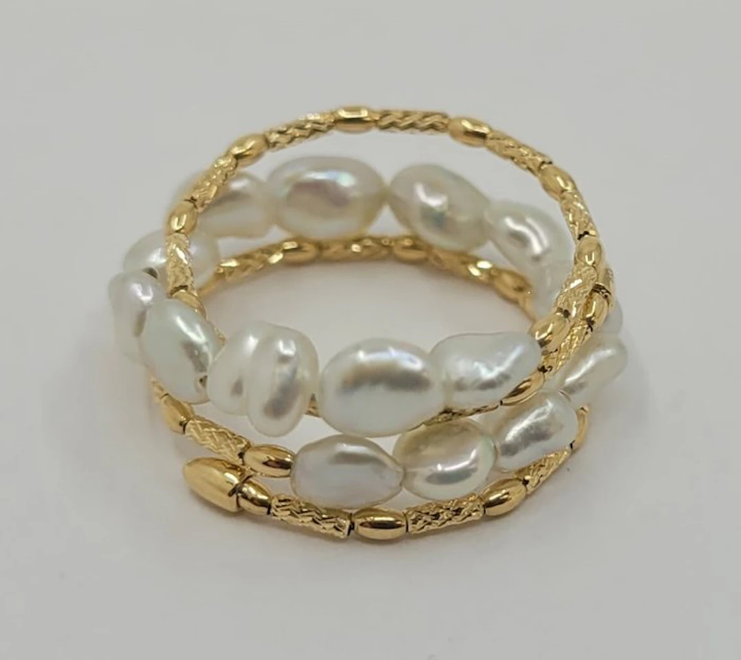 Ring - 18 kt. Yellow gold - Keshi Akoya Pearls