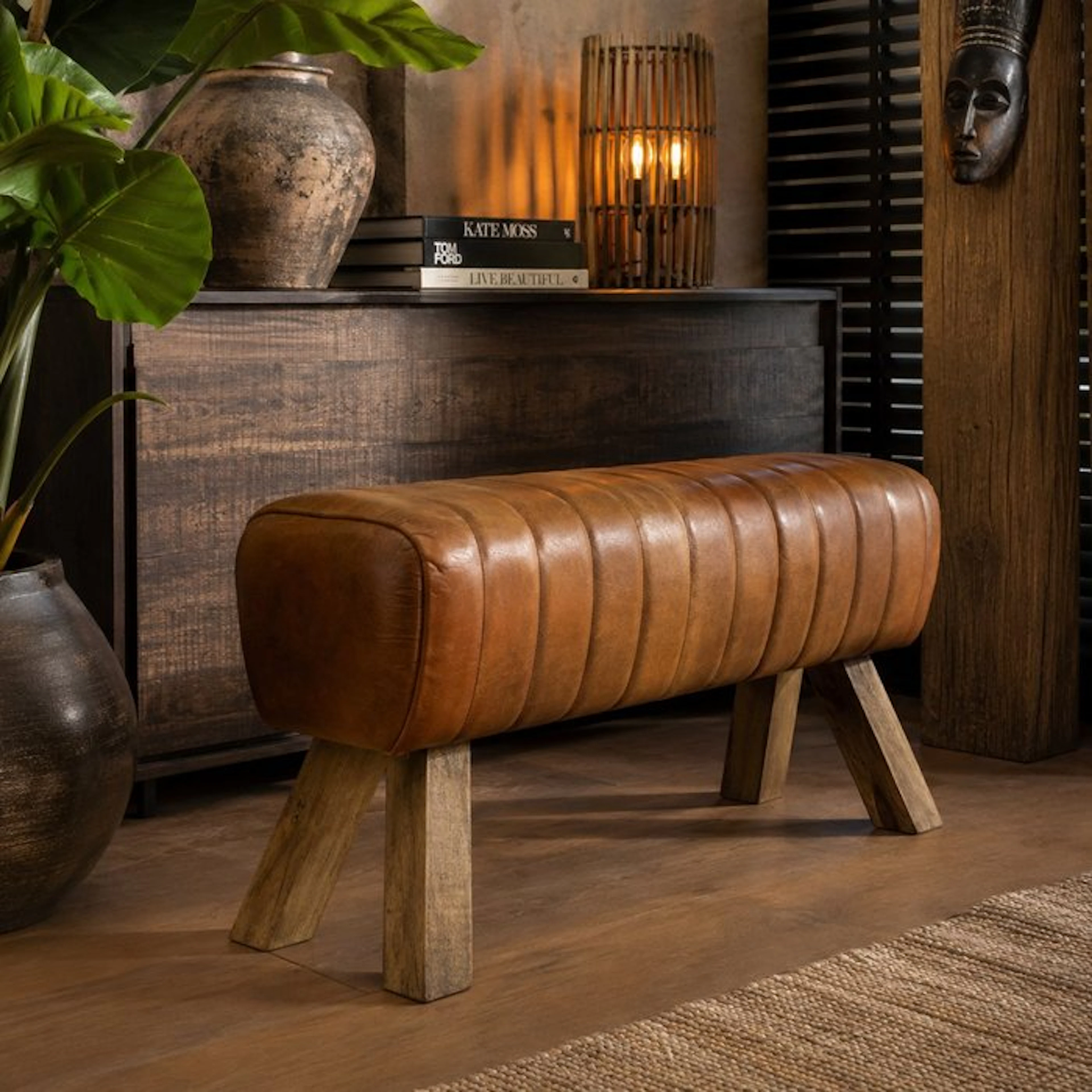 Hall bench - Leather, Wood - Gym bench made of real leather.