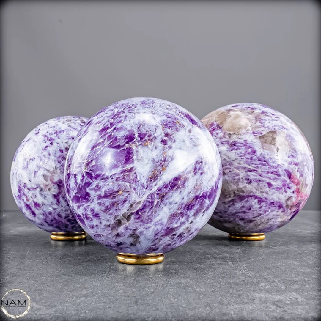 Natural Lepidolite Balls Set – rare violet mica texture...