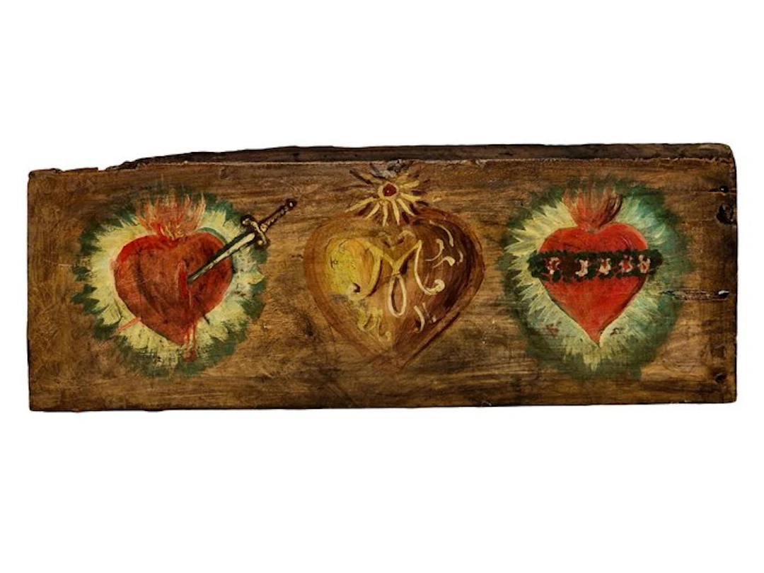 Painted wooden panel - Sacred Hearts of Jesus - 40 cm - Wood - 1850-1900