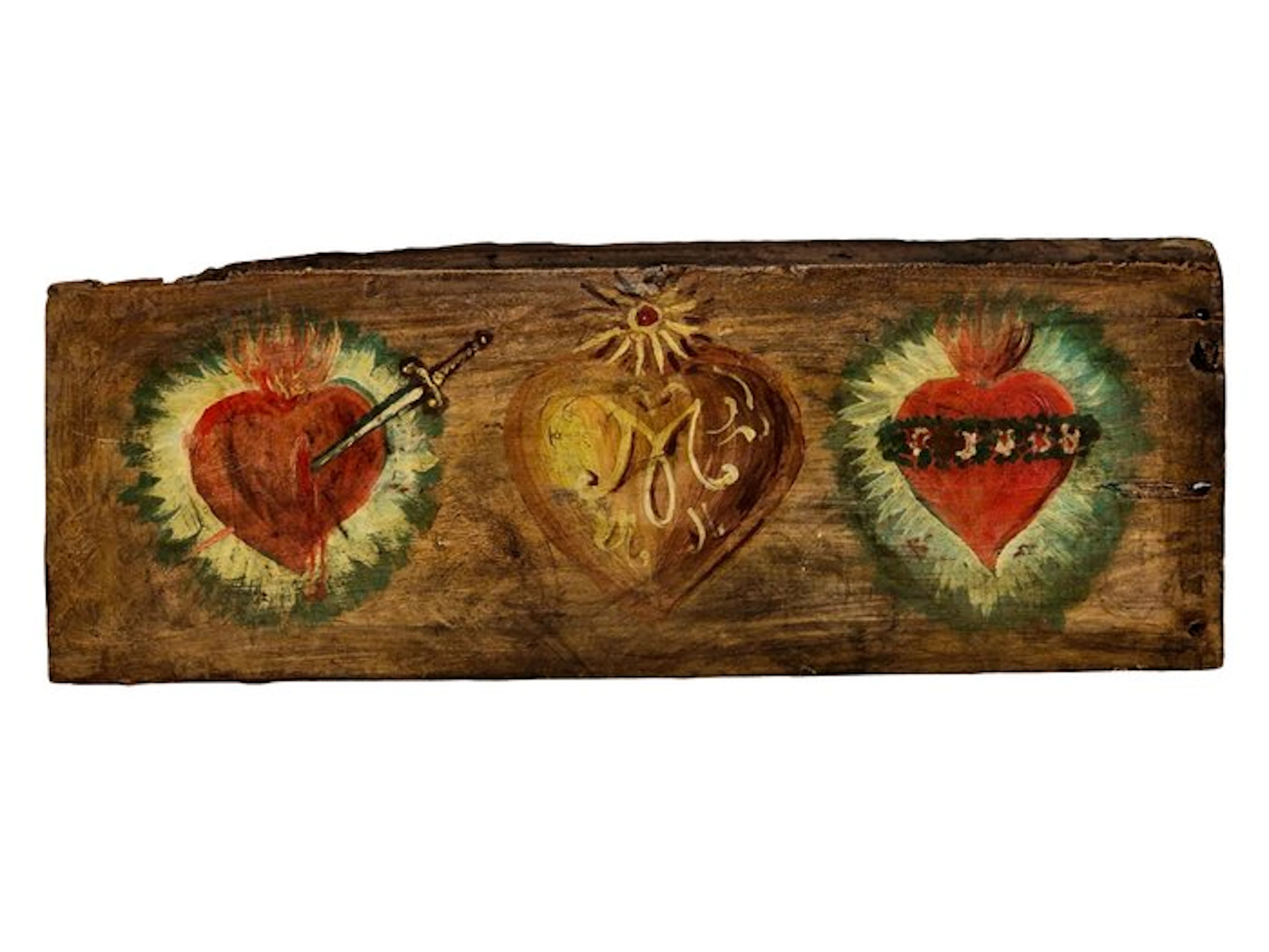 Painted wooden panel - Sacred Hearts of Jesus - 40 cm - Wood - 1850-1900