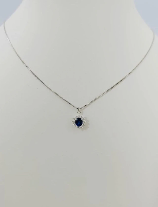 Necklace - 18 kt. White gold Diamond (Natural) - Sapphire
