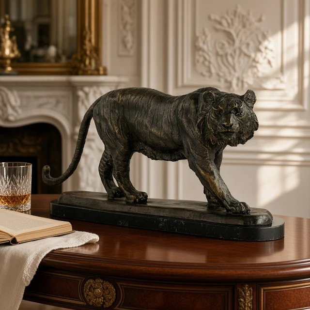 Sculpture, Powerful Walking Tiger - 50 cm - 11 kg - 22 cm - Bronze, Marble