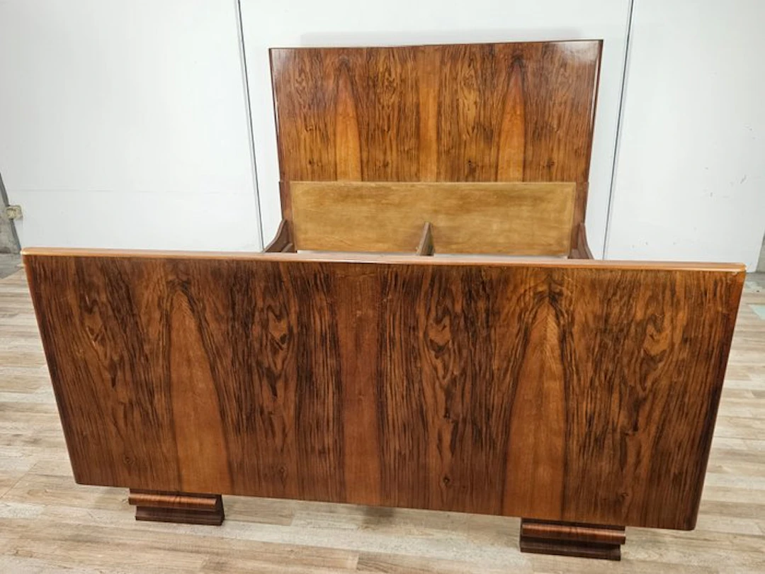 Bed - Art Deco double bed in walnut burl wood - Burr walnut