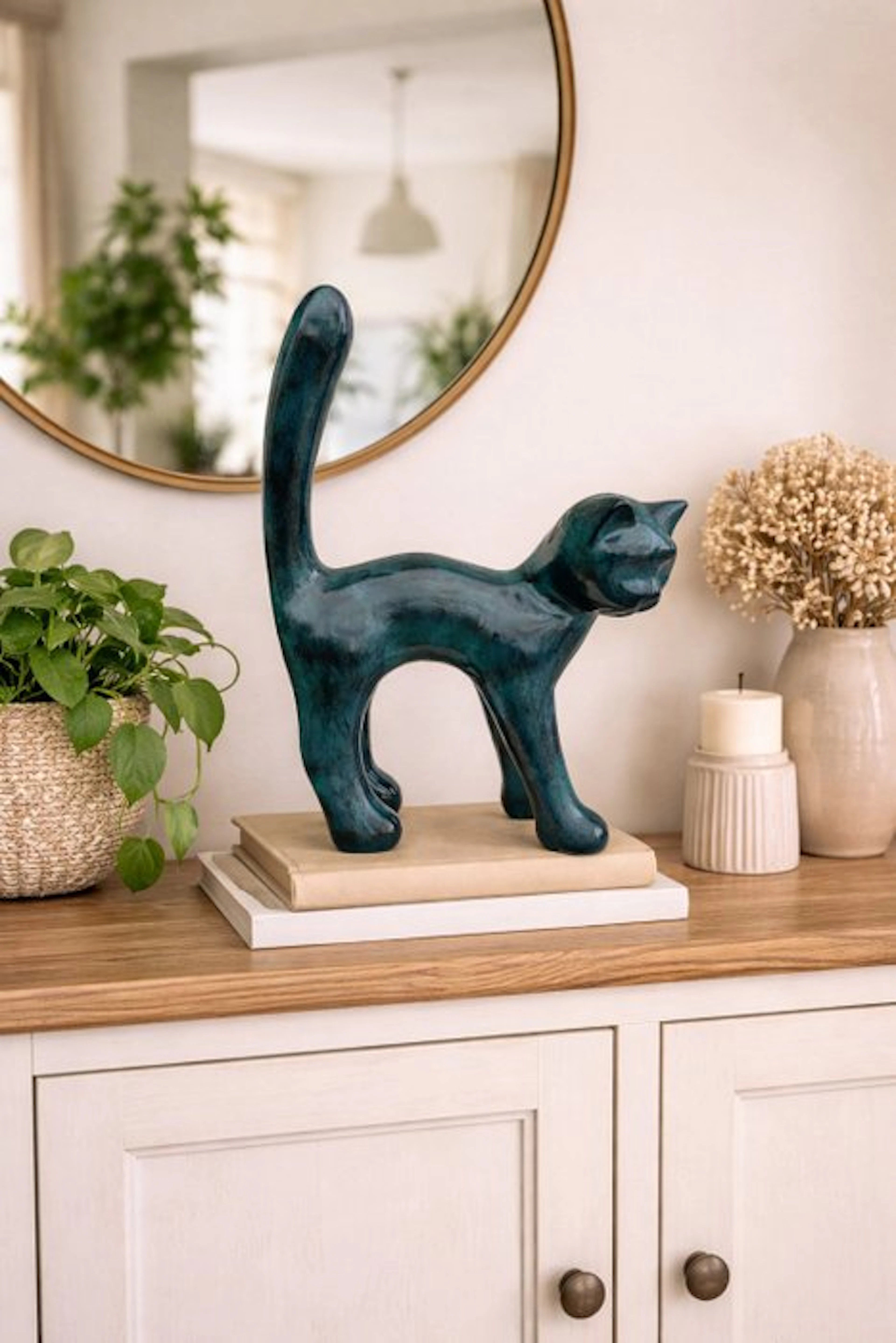 Statue, Garden statue - Cat - Color green - 42 cm - polyresin