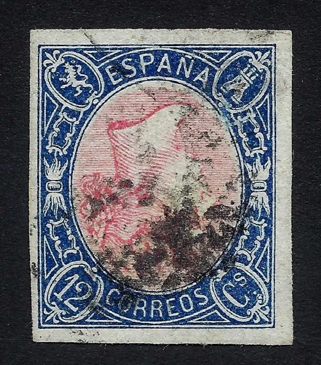 Spain 1865 - Isabel II 12 cuartos azul y rosa centro...