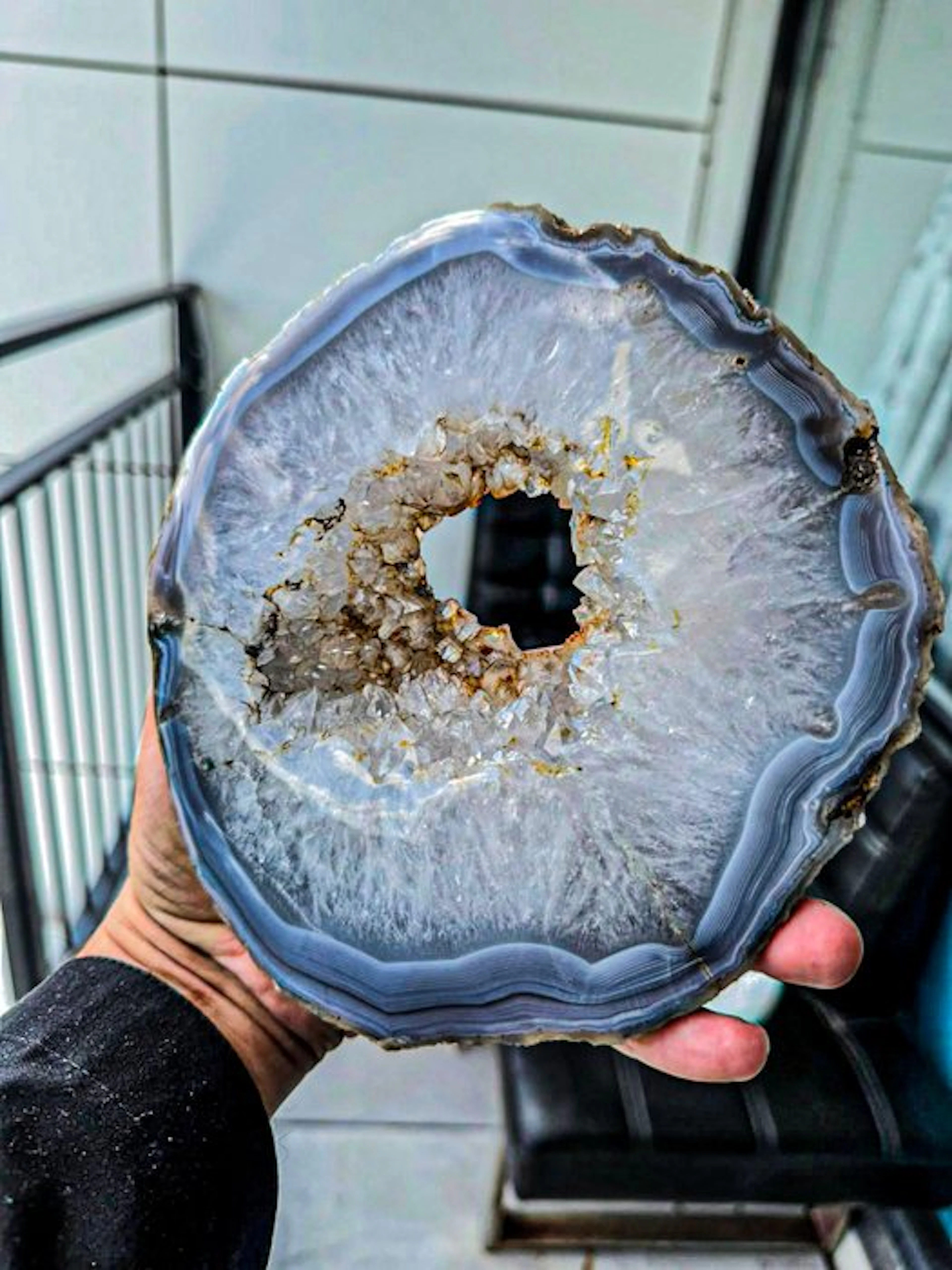 Blue Agate Geode Slice with Druzy Quartz – Large Polished...