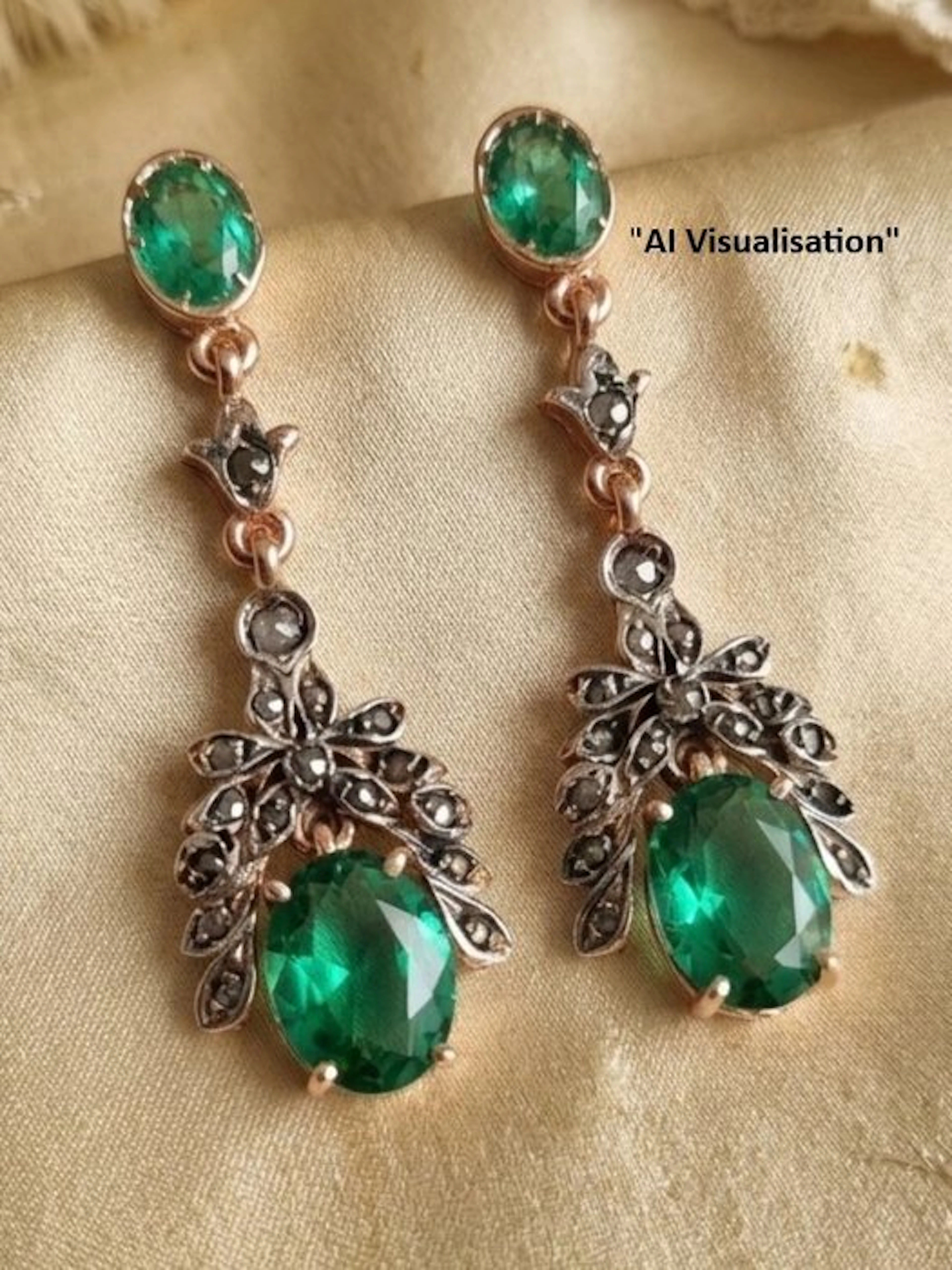 No reserve price - Earrings - 9 kt. Silver, Rose gold Emerald - Diamond