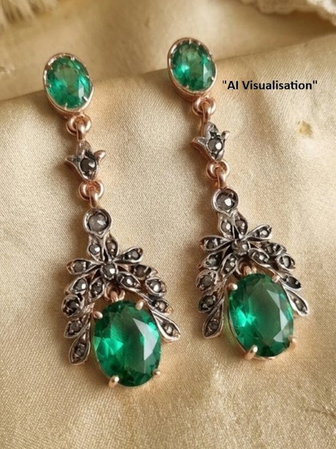 No reserve price - Earrings - 9 kt. Silver, Rose gold Emerald - Diamond