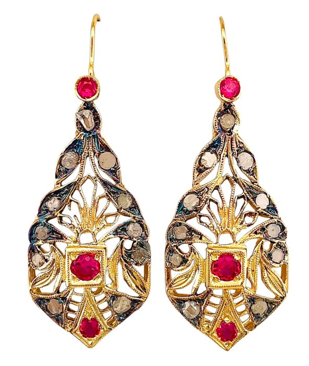 No reserve price - Earrings - 9 kt. Yellow gold, Silver Ruby - Diamond