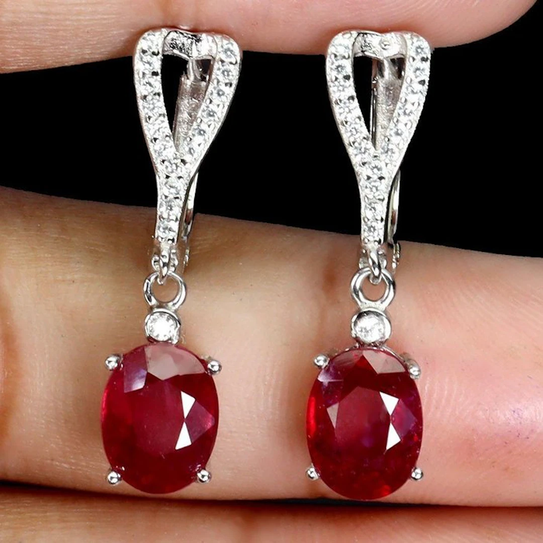 No reserve price - Earrings 14K White Gold plated, 925 Silver Ruby