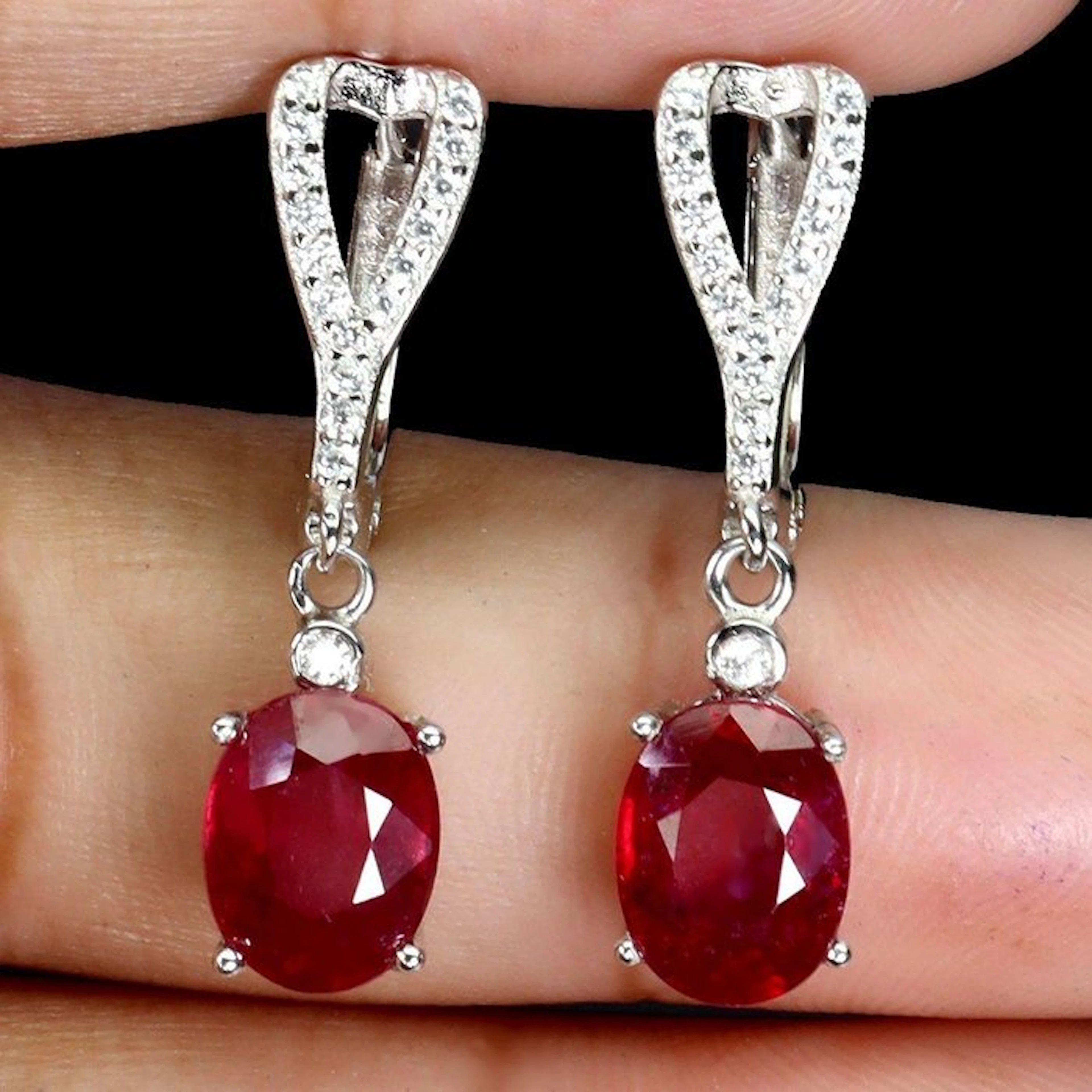 No reserve price - Earrings 14K White Gold plated, 925 Silver Ruby