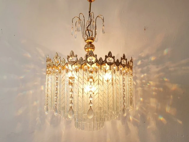Lamp - Vintage brass ceiling lamp with an acid-etched glass plate