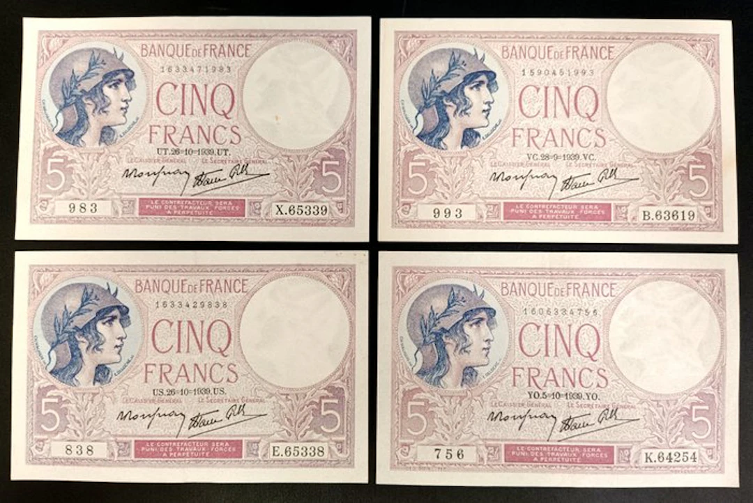 France. - 4 x 5 Francs - 1939 (No reserve price)