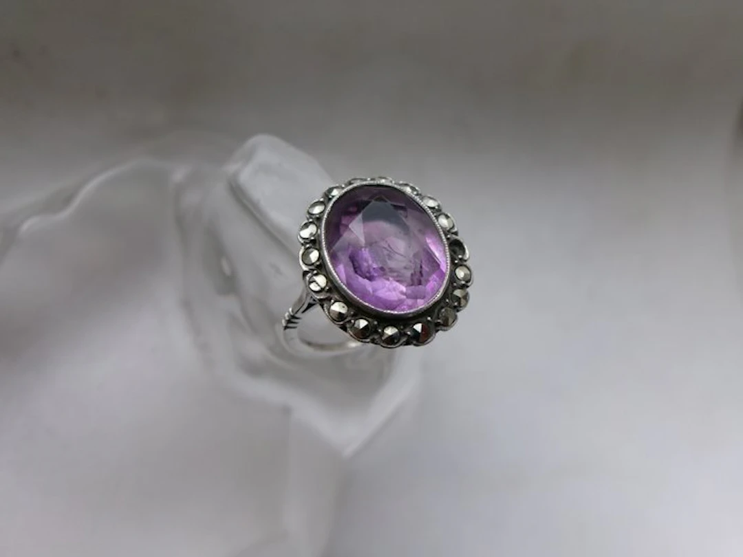 Silver, Amethyst & Marcasites - Ring - Art Deco