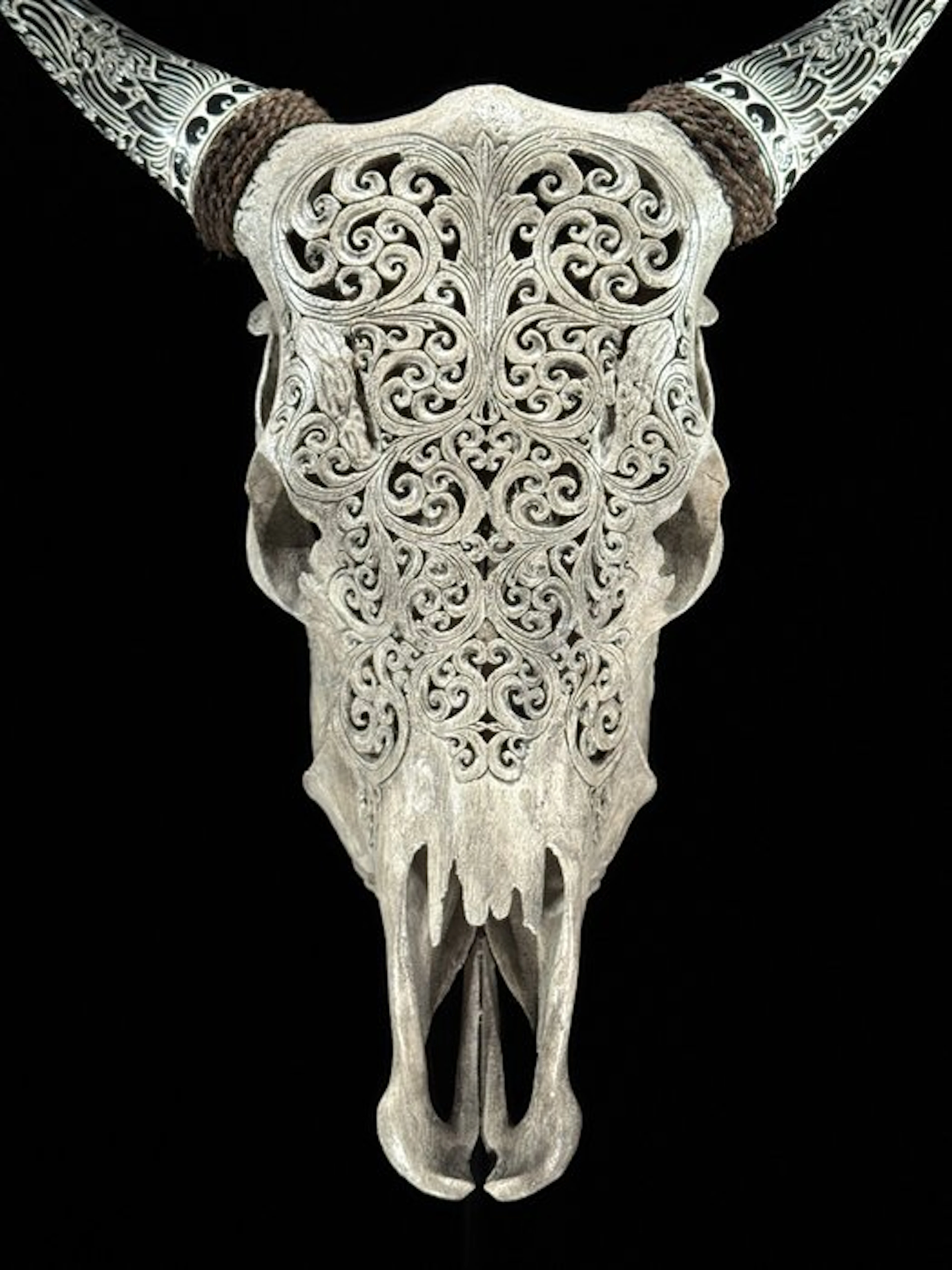 NO RESERVE PRICE - Carved Grey Cow Skull with Bohemian...