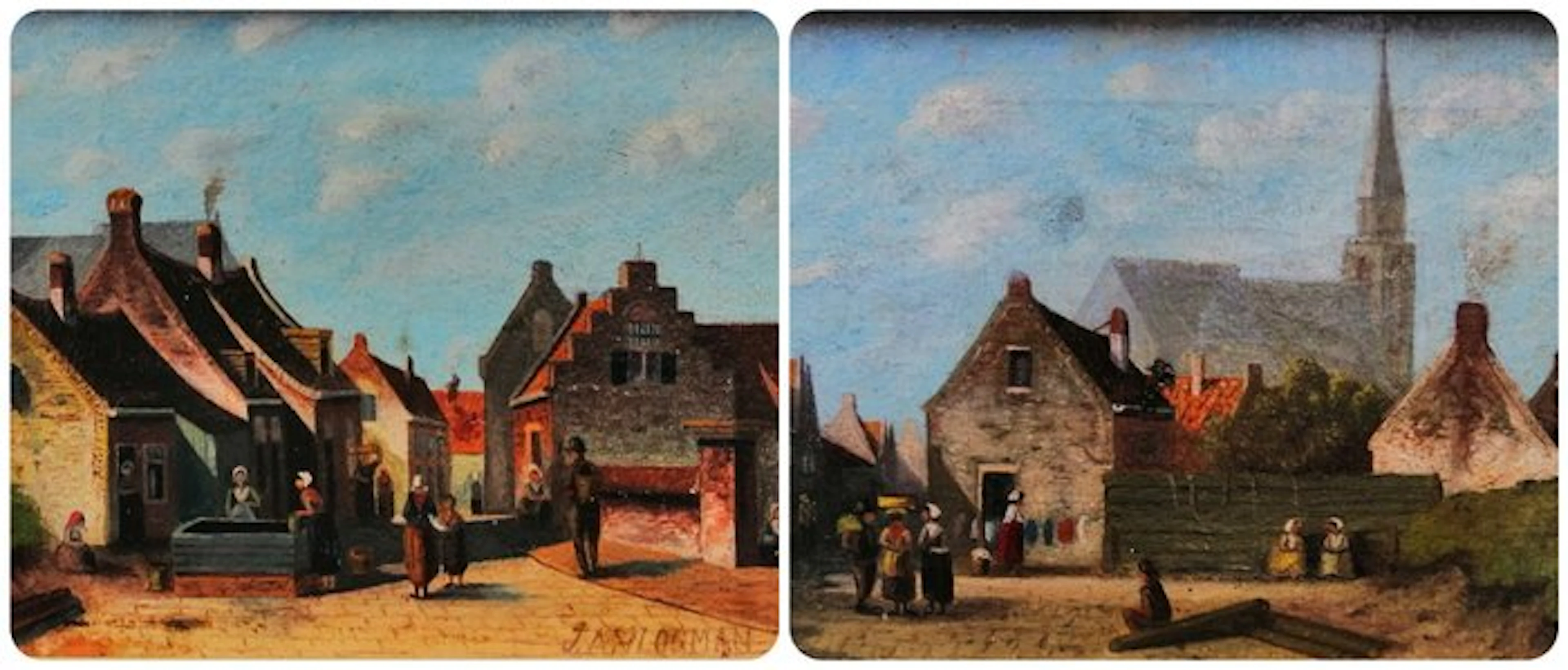 Hollandse School (XX) - 2 X Hollandse stadstaferelen uit 19 Eeuw