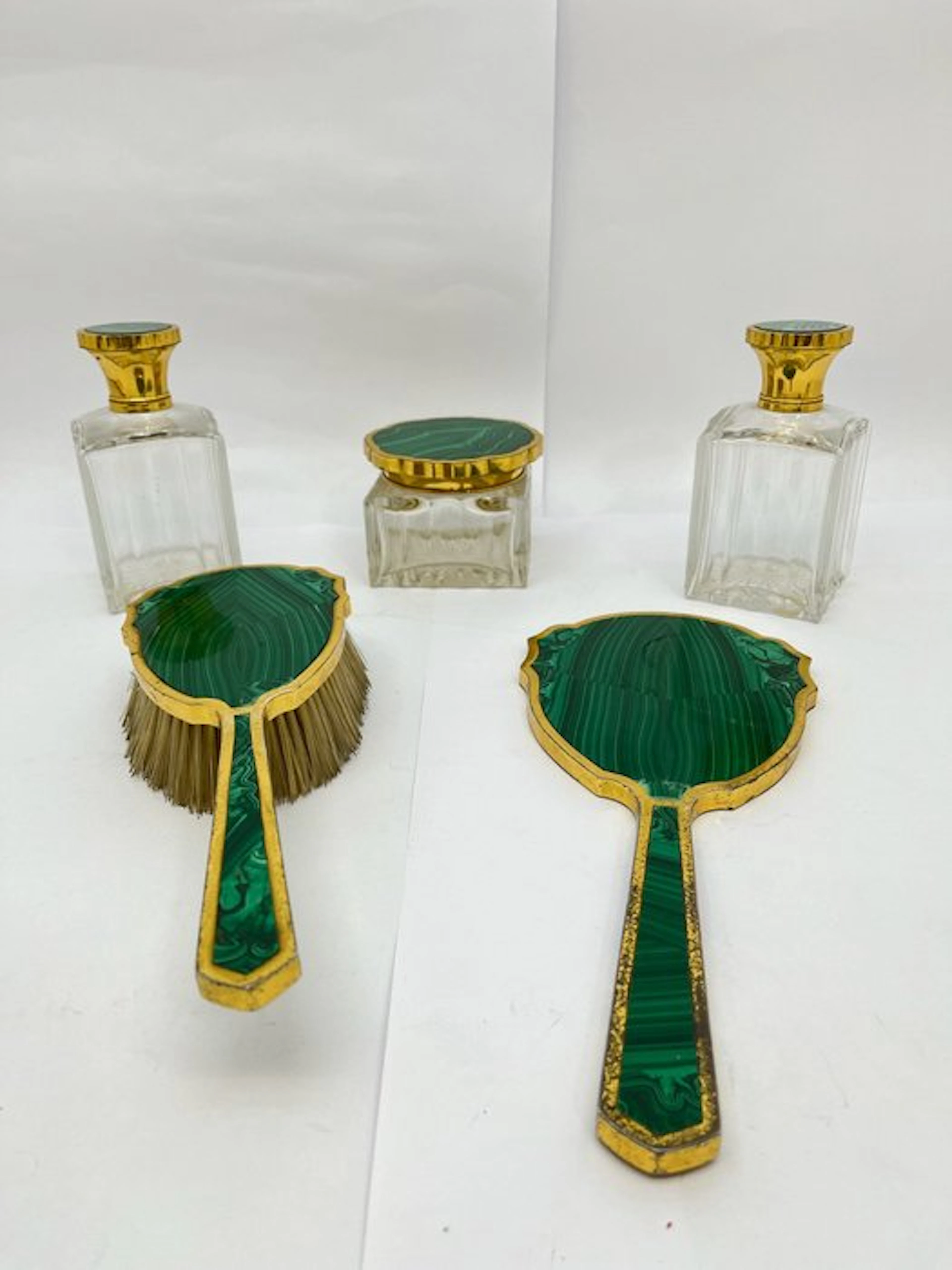 Dressing table set - Glass, 800 silver, gold-plated, Malachite
