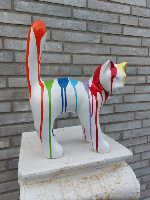 Statue, garden statue cat color white with paint color - 33 cm - polyresin