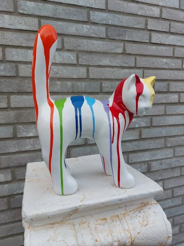 Statue, garden statue cat color white with paint color - 33 cm - polyresin