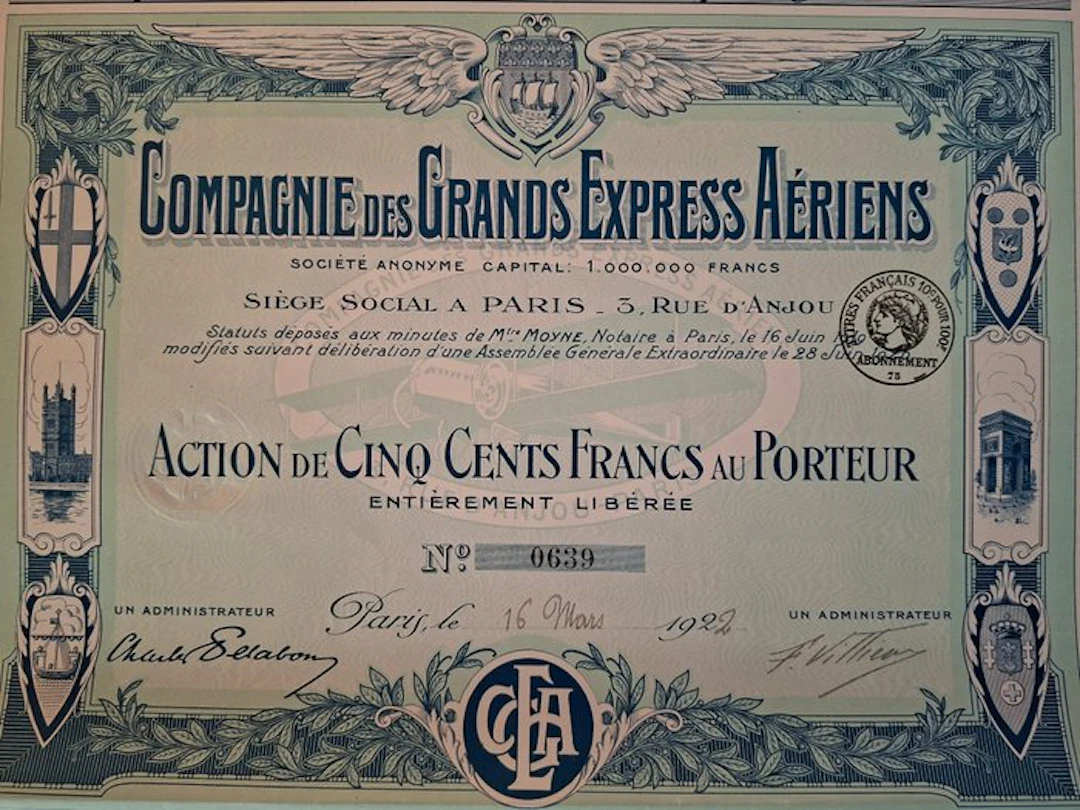 Document - Franse luchtvaartpionier: Compagnie des Grands Express Aériens