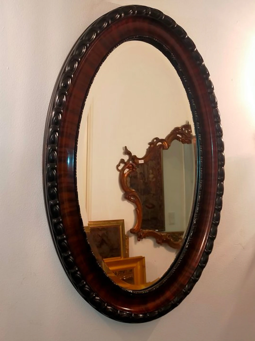 Antik Wandspiegel – Ovaler Holzspiegel mit Profilrahmen - Mirror - Wood, Glass