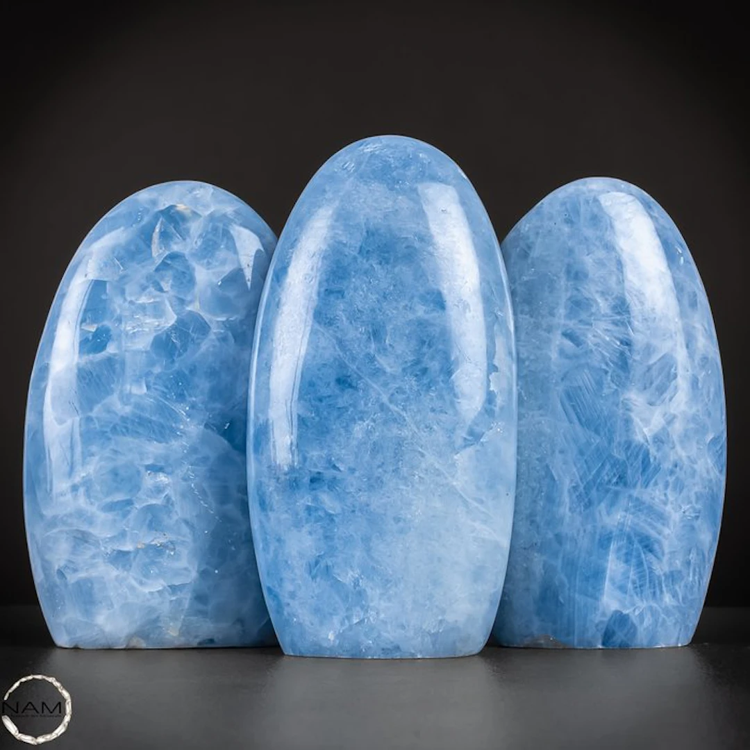 Blue Calcite freeform shapes – Calming trio in gentle...