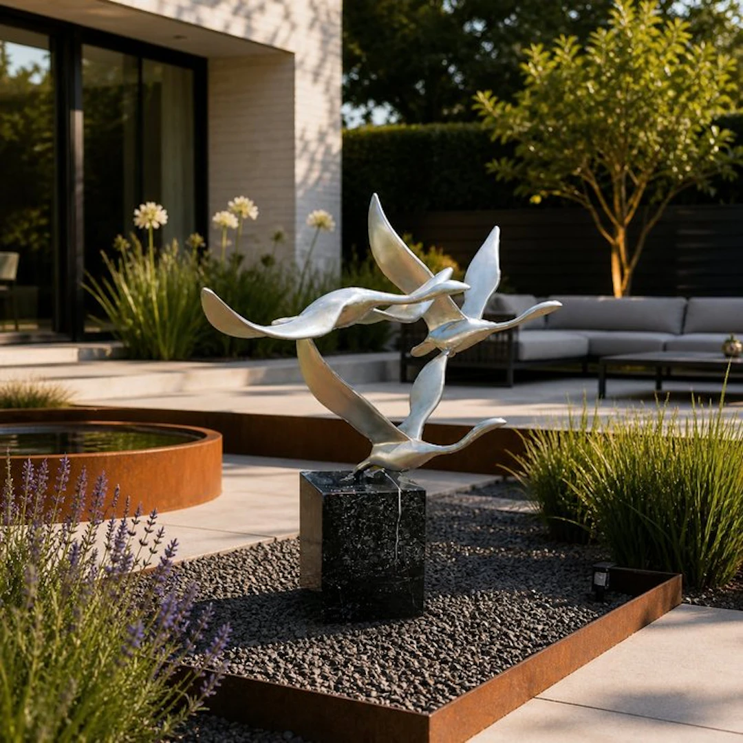 Statue, the birds - 50 cm - silver-bronze marble