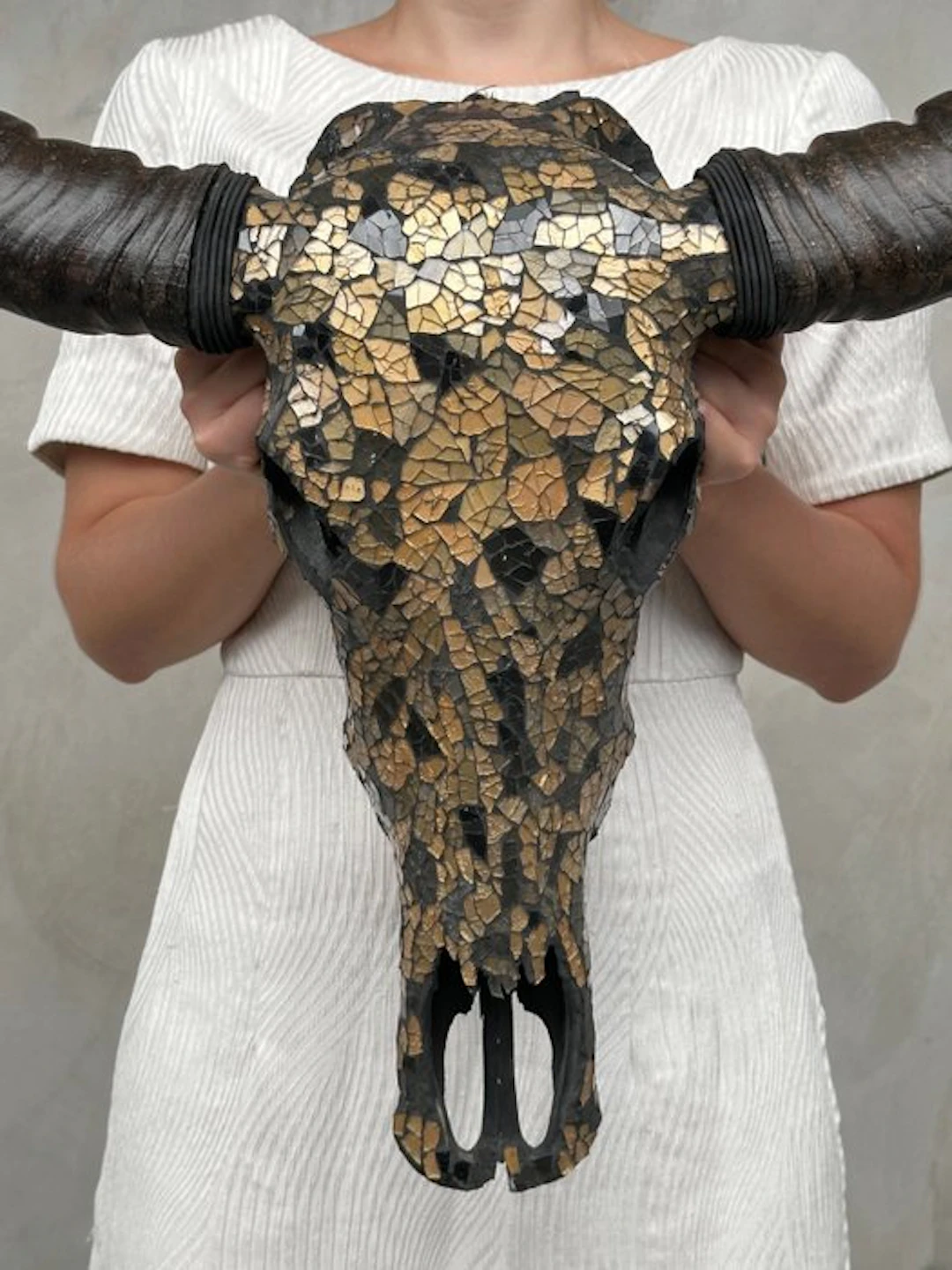 NO RESERVE PRICE - Authentic Large Buffalo Skull with Glass Mosaic Inlay - Gold