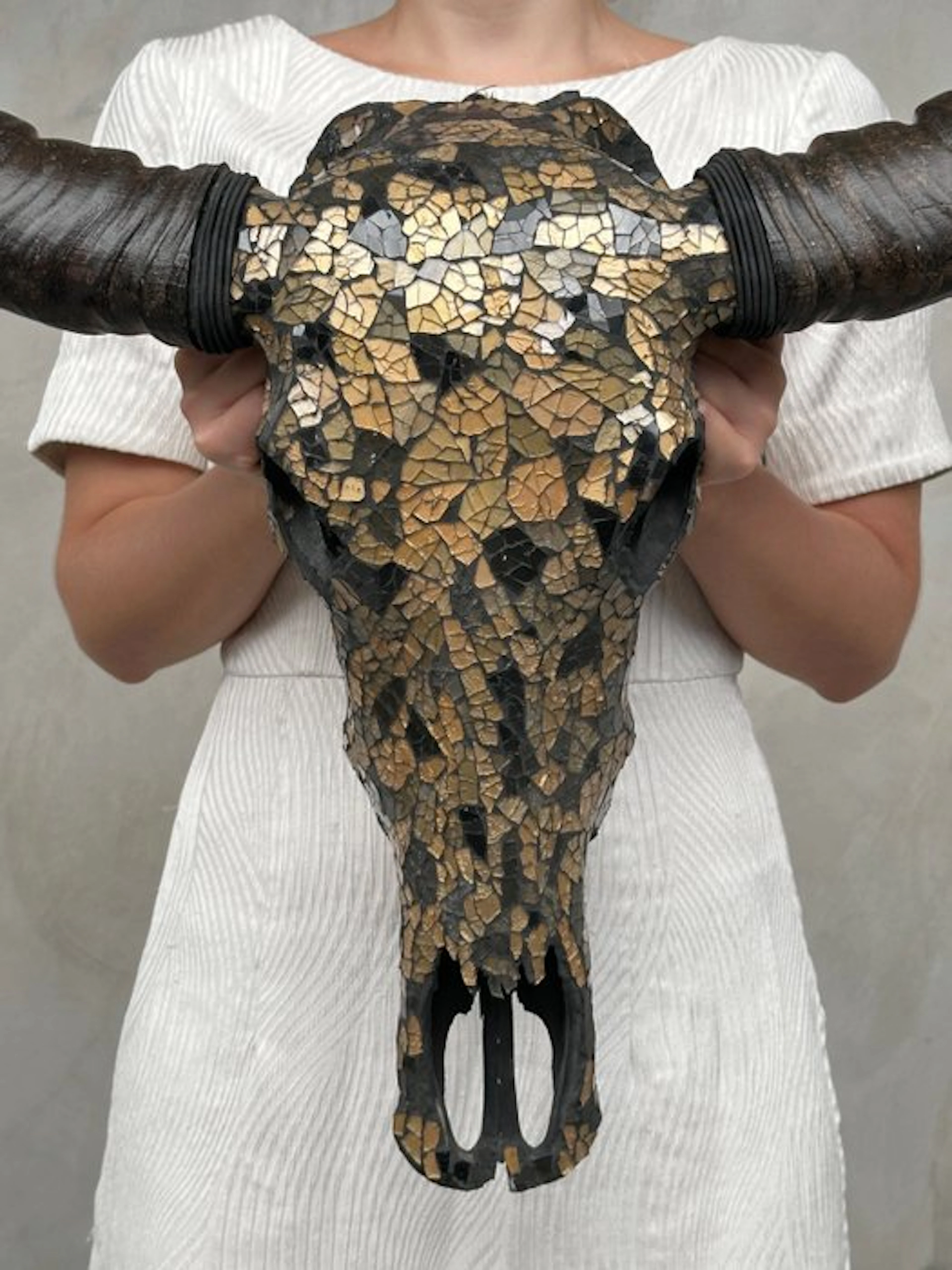 NO RESERVE PRICE - Authentic Large Buffalo Skull with Glass Mosaic Inlay - Gold