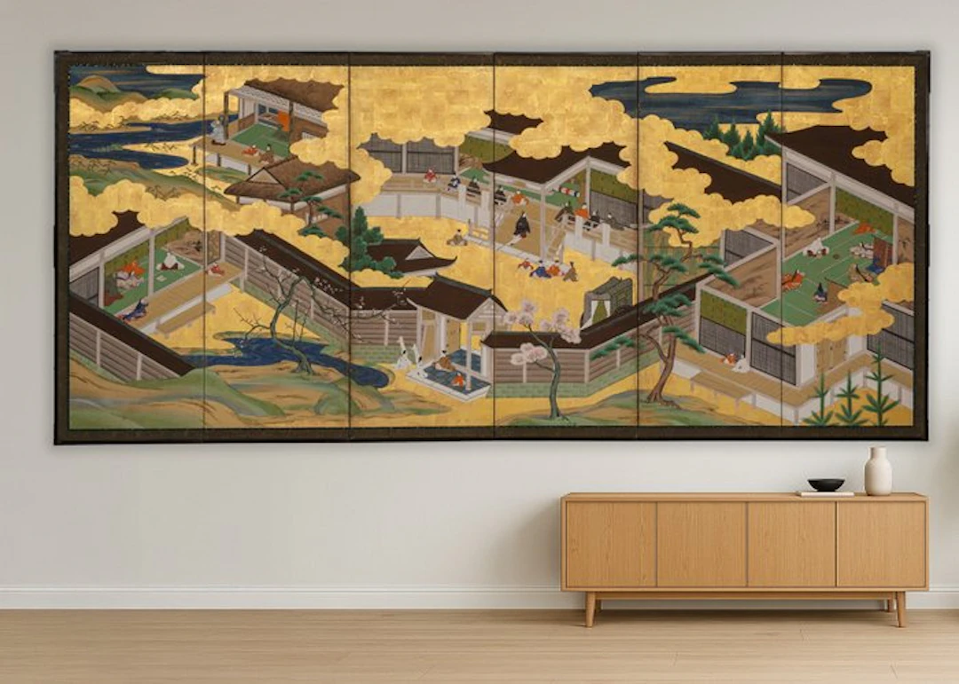 Folding screen with Tale of Genji scenes - Lacquered wood