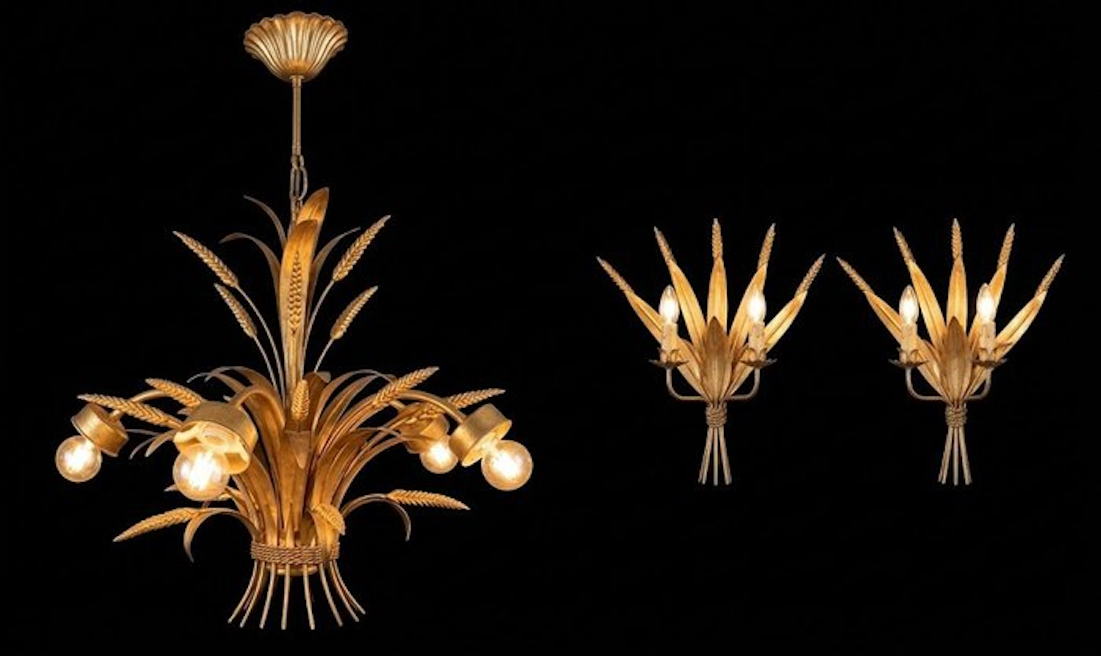 Chandelier - gold metal - Set - Pair of wall sconces and a chandelier