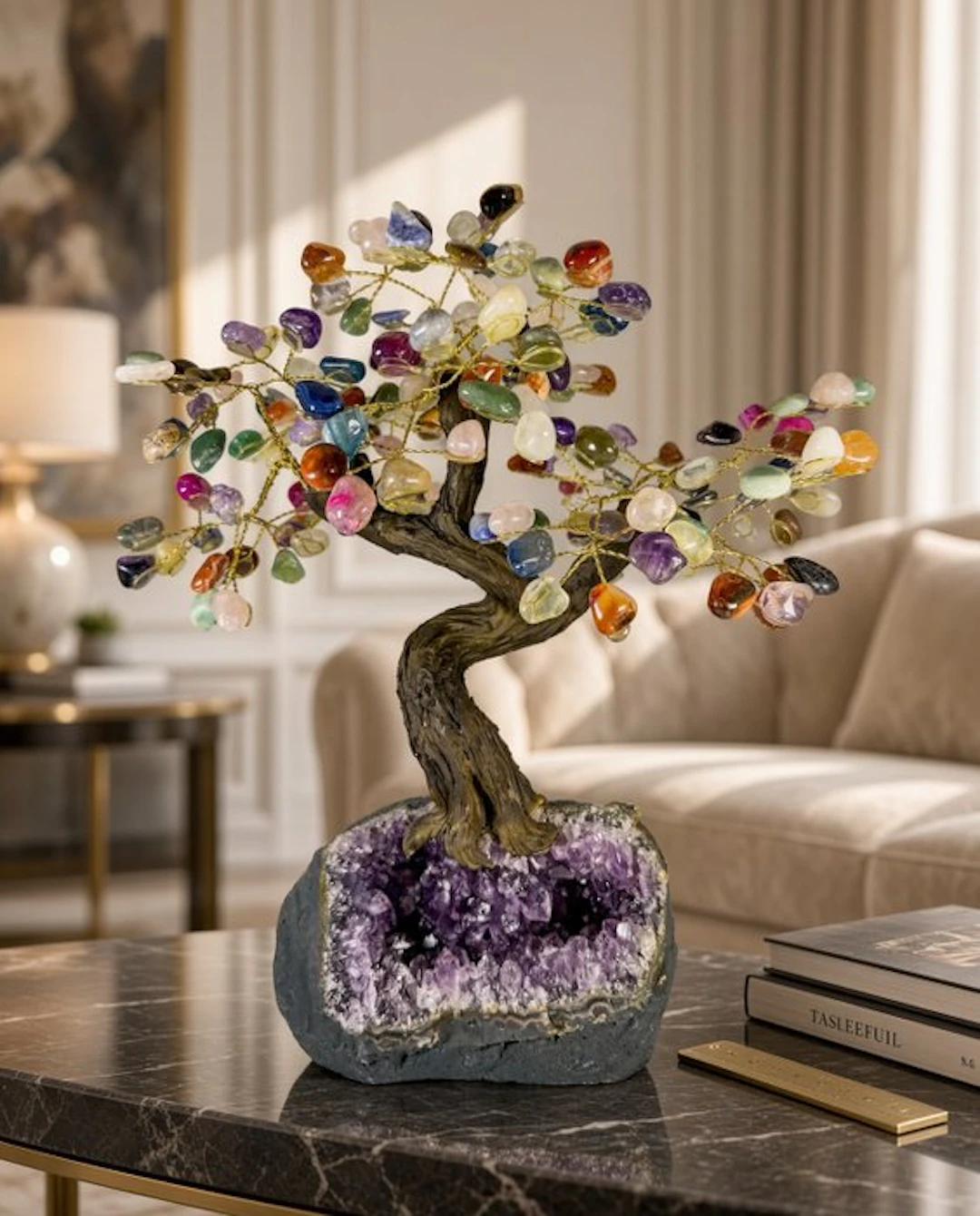 Exceptionally large gemstone tree on an amethyst geode –...