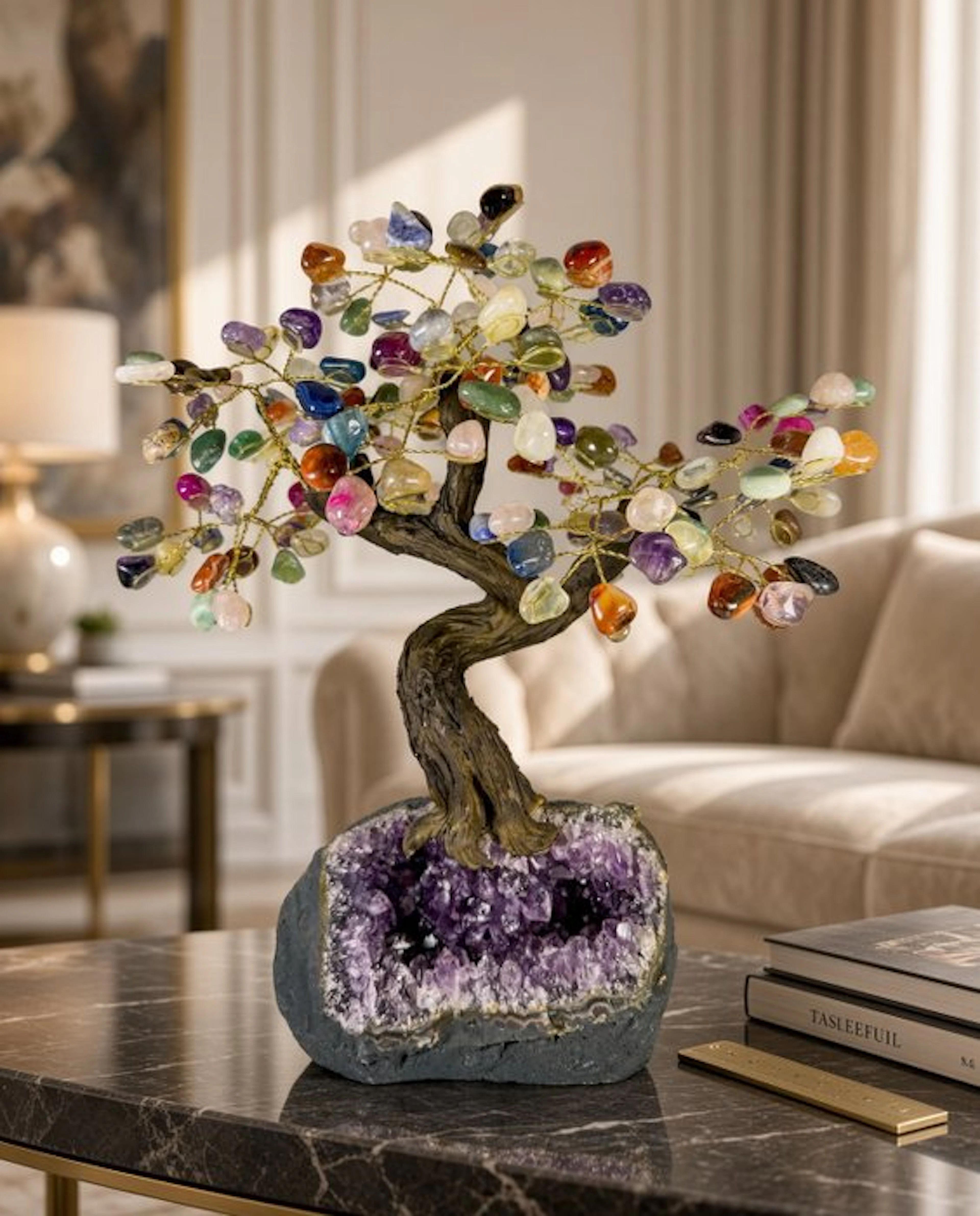 Exceptionally large gemstone tree on an amethyst geode –...
