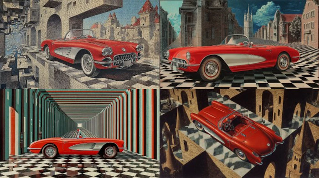 CREATIVE_HUB - Lot of 4 40 x 90 - Corvette C2 1959 in Maurits Escher style
