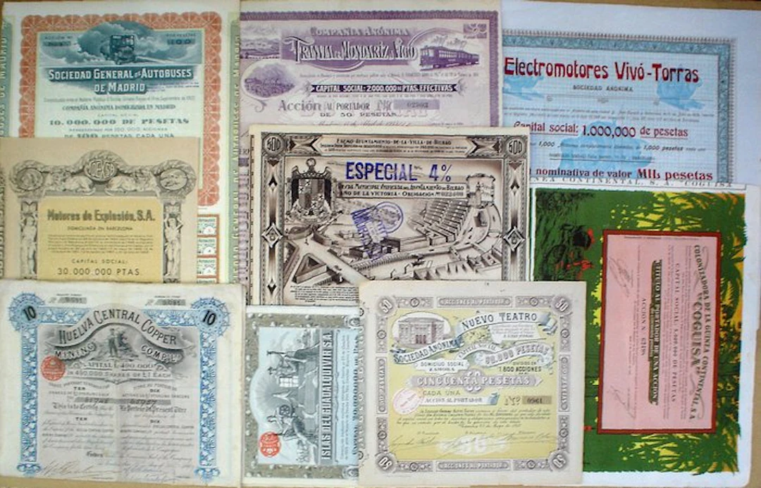Spain. 10 x dekorative Aktien - und Anleihezertifikate aus Spanien + 10 weitere