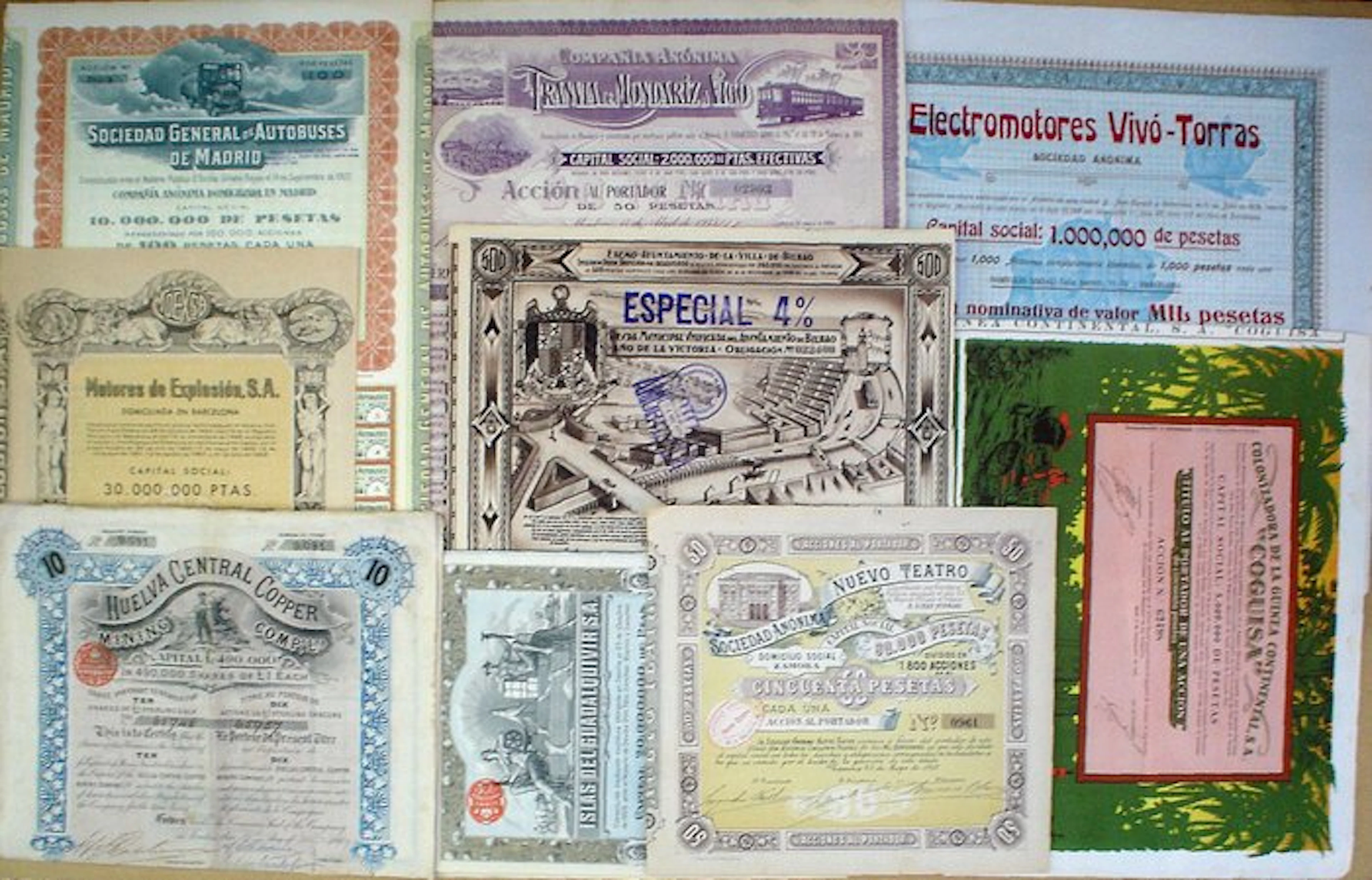 Spain. 10 x dekorative Aktien - und Anleihezertifikate aus Spanien + 10 weitere