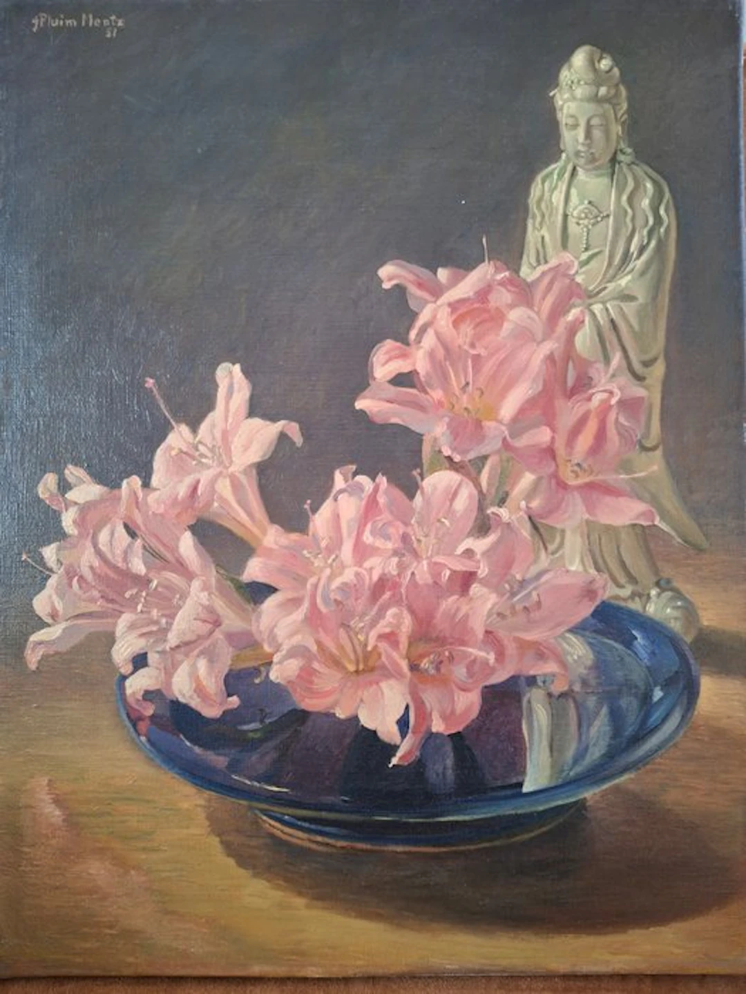 Jos Pluim Mentz (1906-1985) - Indisch tafereel, schaal met bloemen