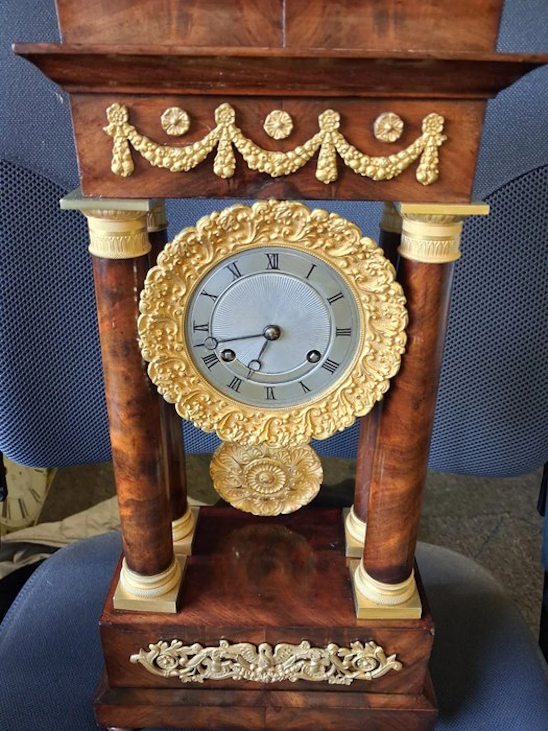 Desk clock Empire Style - Patinated bronze, Mahogany - 1850-1900