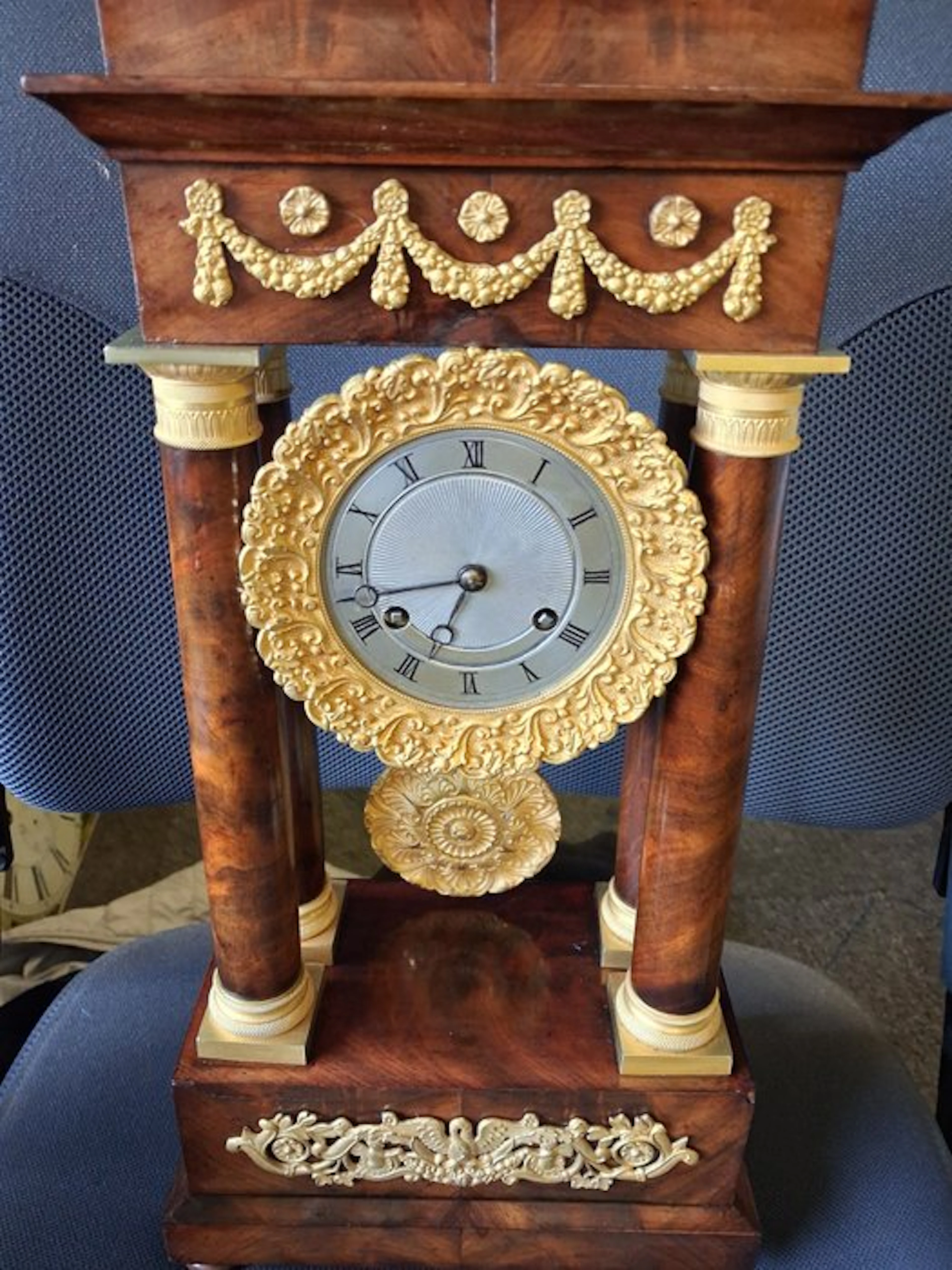 Desk clock Empire Style - Patinated bronze, Mahogany - 1850-1900