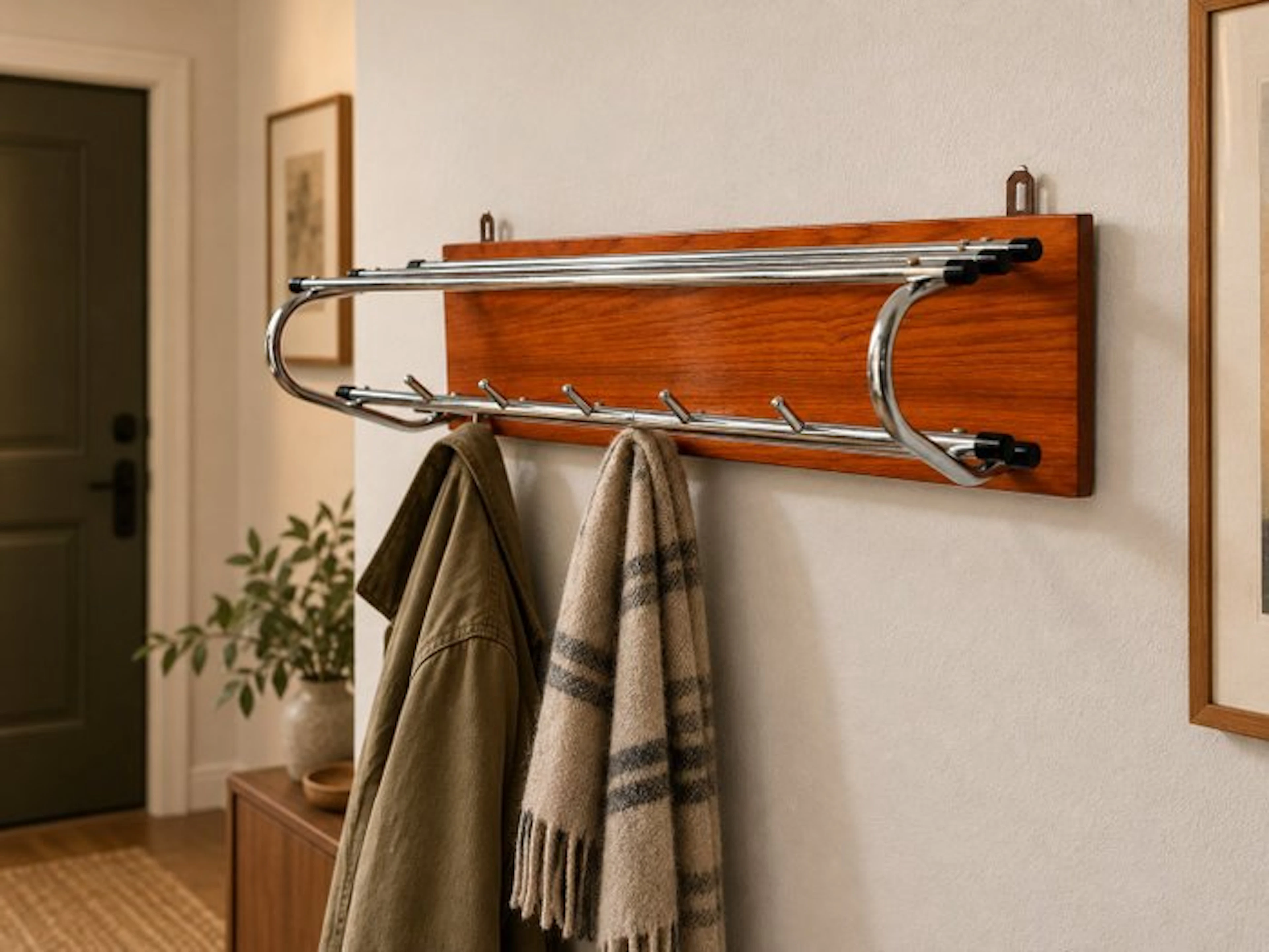 Stijlvolle vintage wandkapstok – hout en chroom – met...
